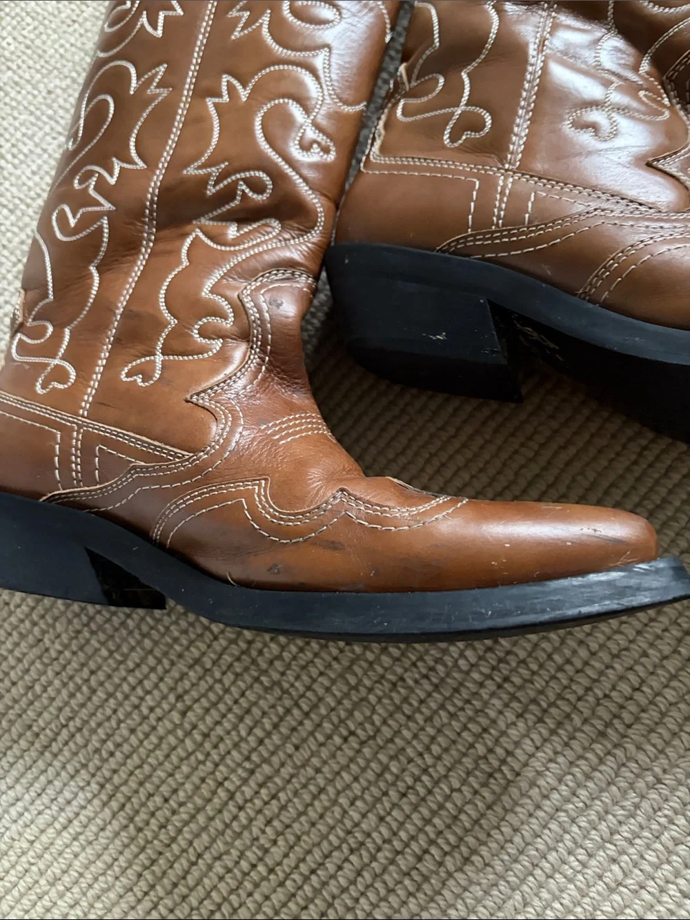 Ganni Tan Embroidered Leather Cowboy Boots